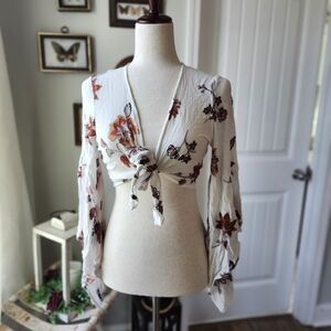 Lost + Wander Floral Tie-Front Blouse - Cream and Brown